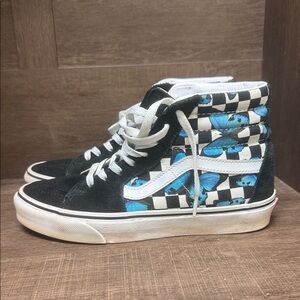 Vans Black High-Top Skate Shoes with Blue Butterfly Checker Pattern